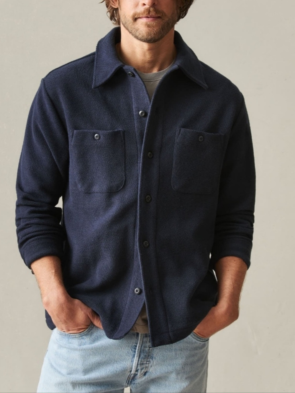 American Giant Men's Medium Blue French Terry Twill Shacket Button Up NWOT